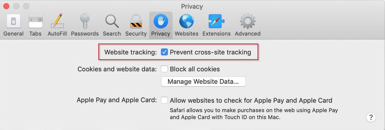Turn off Cross-site Tracking for Safari Browsers
